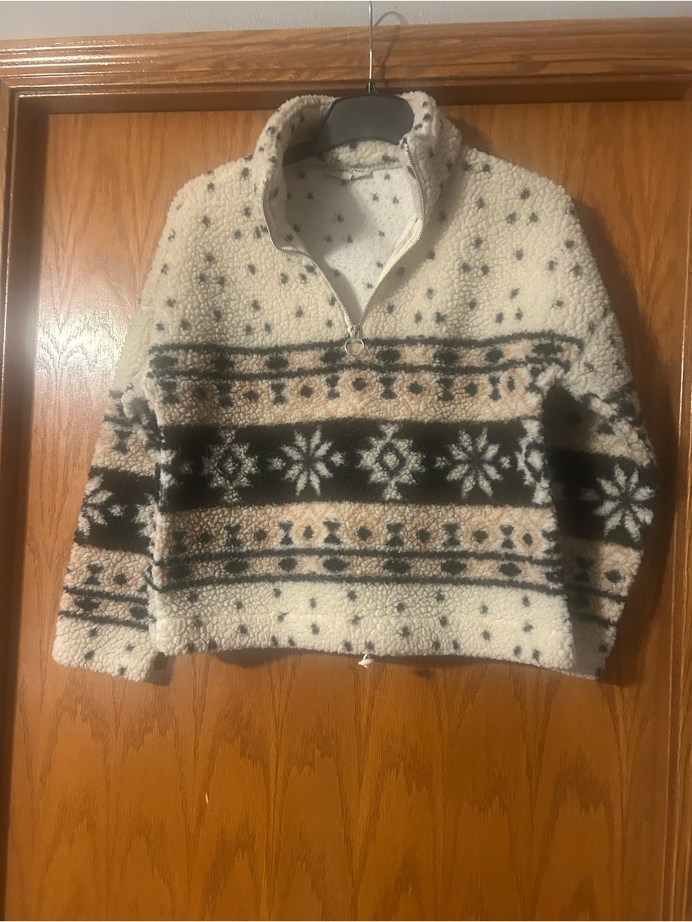 Love Tree Cream Sherpa Pullover with Black & Tan Snowflake Band